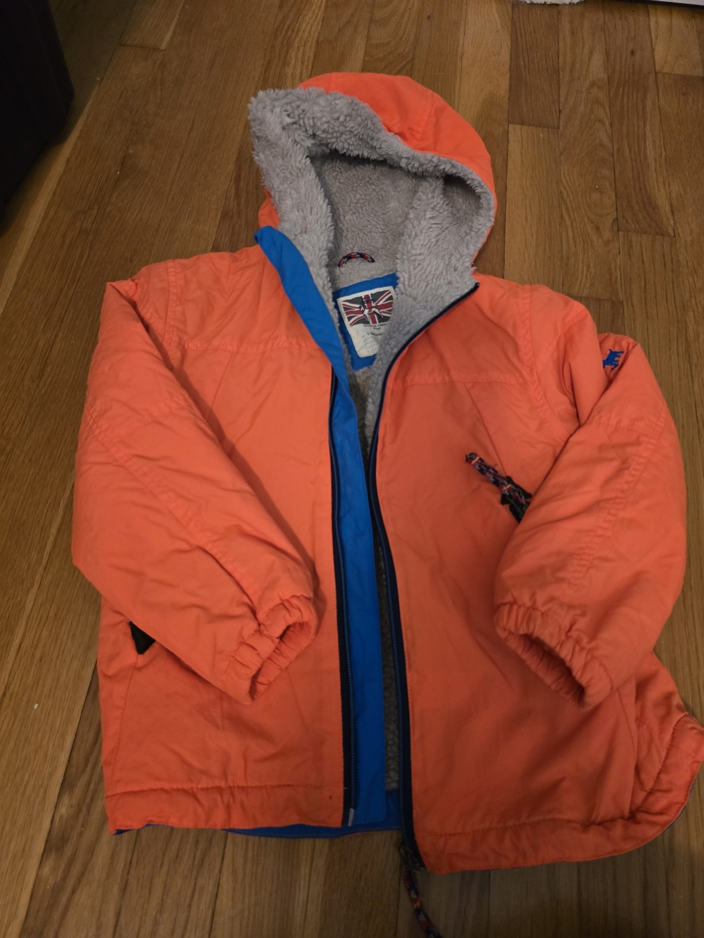 Kids Mini Boden Orange Hooded Puffer Jacket with Sherpa Lining